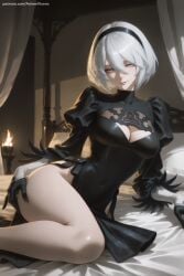 1girl ai_generated black_gloves black_hairband blindfold blue_eyes boots breasts cleavage cleavage_cutout curtains feather-trimmed_sleeves gloves hairband hi_res high_quality high_resolution highleg highleg_leotard juliet_sleeves leotard long_sleeves mole mole_under_mouth nier:_automata no_blindfold patreon puffy_sleeves seductive sexy short_hair silver_hair solo sword thigh_boots thighs uncensored watermark white_leotard yorha_2b yorha_no._2_type_b