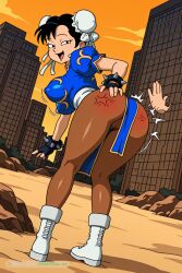 1990s 1girl ai_assisted ai_generated american_dad back_view beach big_breasts black_hair blue_bodysuit bodysuit bouncing_breasts building camel_toe cropped_jacket curvy dutch_angle dynamic_angle erect_nipples fingerless_gloves full_body gloves grabbing_butt happy hip_focus jacket looking_at_viewer looking_back looking_behind motion_lines open_mouth shiny_skin smile spanking_butt standing toned_body underbutt wide_hip winking