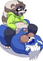 2016 ball_nuzzling balls belly big_balls clothing goonsey goonsey_(artist) hair huge_balls humanoid_penis legwear mammal mustelid otter penis precum raccoon sweat sweatdrop sweater thigh_highs zaineotter