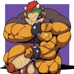 anthro balls bara barazoku bobert boner bottomless bowser erection flexing hyper hyper_balls hyper_penis male male_only mario_(series) muscles muscular nintendo pantsless penis scalie sitting solo solo_male turtle