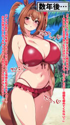 1girl beach brown_hair cleavage daiwa_scarlet_(umamusume) day frilled_bikini front-tie_bikini_top hair_ornament halterneck horse_ears horse_girl horse_tail huge_breasts long_hair looking_at_viewer navel norio_(pheromosa_times) open_mouth outdoors plump red_bikini red_eyes solo standing stomach thick_thighs tiara translation_request twintails umamusume umamusume_pretty_derby very_long_hair