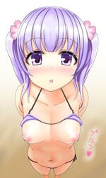 bikini blush breasts female navel new_game! nipples okage purple_eyes purple_hair small_breasts solo suzukaze_aoba swimsuit