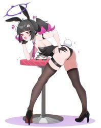1girls bent_over black_gloves black_hair black_leotard black_shoes black_thighhighs blush breasts bunnysuit extra_ears fake_animal_ears gloves hair_ornament hairclip hand_on_own_ass high_heels high_resolution highres leaning_on_table leotard medium_hair multicolored_hair multiple_hairclips nangong_yu_(zenless_zone_zero) necktie open_mouth pink_necktie pink_streaks ponytail rabbit_ears rabbit_tail red_eyes shoes shusuchii simple_background small_breasts smug solo streaked_hair sweat sweatdrop tail thigh_strap thighhighs thighs two-tone_hair white_background wise_(zenless_zone_zero) zenless_zone_zero
