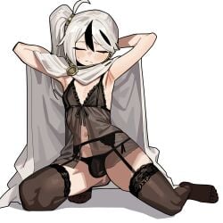 1boy 2d armpits arms_behind_head arms_up blush bottomwear bulge bulge_through_clothing closed_eyes clothed clothing coat digital_media_(artwork) femboy hair hair_ornament library_of_ruina light-skinned_male light_skin long_hair male male_only panties project_moon ruppu simple_background sitting solo tagme thighhighs thighs topwear video_game_character video_games white_background white_hair yan_vismok