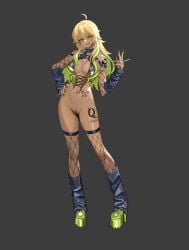 1girl absurdres ahoge alternate_costume arm_tattoo arm_warmers belt bimbofication blacked_female blonde_hair blush body_writing bottomless breasts censored collar commentary_request eyeshadow fingernails fishnet_thighhighs fishnets full_body gradient_hair green_eyes green_eyeshadow green_hair green_nails green_shorts grey_background gyaru heart heart_censor high_heels highleg highres holding hoshii_miki idolmaster large_breasts large_variant_set leg_tattoo leg_warmers long_fingernails looking_at_viewer makeup multicolored_hair nail_polish navel nipples open_mouth paid_reward_available platform_shoes queen_of_spades_symbol race_fetishism race_fetishism_symbol shen_hai_ichigo shoes shorts sidelocks simple_background smoking solo spade_(shape) spade_tattoo spiked_collar spikes tan tattoo thighhighs transparent_censoring variant_set white_belt