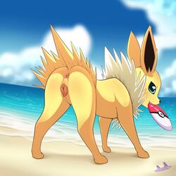 10s 2016 animal_genitalia animal_pussy anus ass beach blush canine_pussy eeveelution female female_feral feral frisbee happy jolteon lonbluewolf nintendo pokémon_(species) pokemon pussy sand sea seaside solo video_games water