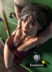 1girls 3d ada_wong ada_wong_(adriana) aged_up armpits arms_up ayjokar big_breasts billiard_table black_hair brown_eyes cleavage clothed clothed_female detailed_background female female_only gameplay_mechanics gilf grey_hair greying_hair laying_on_back laying_on_table light-skinned_female light_skin lipstick looking_at_viewer mature_female mature_woman pinup pinup_pose pool_table resident_evil resident_evil_9:_requiem salt_and_pepper_hair short_hair solo solo_female thick_thighs