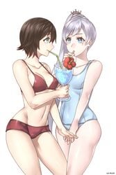 2girls bikini blue_eyes blush breasts brown_hair cleavage eye_scar female female_only groin highres holding_hand human long_hair multiple_girls navel one-piece_swimsuit pale-skinned_female pale_skin ponytail ruby_rose rwby scar school_swimsuit short_hair silver_eyes small_breasts strap_gap susukarasu swimsuit tied_hair weiss_schnee white_background white_hair yuri