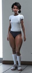 3d black_hair blender_(software) brown_hair clementine_(the_walking_dead) curvy curvy_figure dark-skinned_female dark_skin gym gym_uniform japanese_clothing large_ass light-skinned_female light_skin medium_breasts nipples nipples_visible_through_clothing petite red_l shirt short_hair shorts sneakers socks sports_uniform t-shirt the_walking_dead the_walking_dead_game thick_thighs thighs tied_hair video_game_character