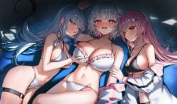 3girls ahoge bare_shoulders belly_button bikini black_bikini blue_eyes blue_hair blunt_bangs blush bra braid breast_grab breasts character_request choker cleavage closed_mouth clothes_down collarbone commentary_request criss-cross_straps embarrassed female flustered frilled_bikini frills girl_sandwich grabbing_another's_breast grey_hair groping hair_ornament high_resolution highres indie_virtual_youtuber jacket large_breasts long_hair looking_at_viewer lying lying_on_back medium_breasts multicolored_hair multiple_girls navel o-ring o-ring_thigh_strap on_back open_clothes open_jacket open_mouth panties parted_lips pink_choker pink_eyes pink_hair red_eyes sandwiched shuvi_(shuvi1125) sidelocks smile stomach streaked_hair swimsuit thigh_strap thighs underwear virtual_youtuber wavy_mouth white_bikini