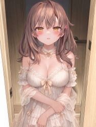 beautiful_eyes brown_eyes brown_hair highres looking_pleasured maria_mikhailovna_kujou petite_body petite_female roshidere shy_expression tokidoki_bosotto_russian_de_dereru_tonari_no_alya-san white_dress