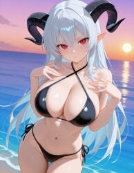 ai_generated bikini black_bikini boobs breasts demon_girl female halterneck horns multi-strapped_bikini red_eyes roselynn_rosenthal sexy silver_hair string_bikini tits white_hair