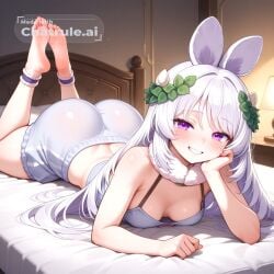 1girl ai_assisted ai_generated anklet bare_shoulders barefeet bedroom cleavage curvy_body detailed_feet eyes_half_closed feet_up grin leaf_hair_ornament looking_at_viewer narrow_waist petite prone_position round_ass small_breasts soft_breasts tears the_pose tired traptrix wide_hips