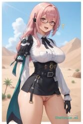 1_girl 1girl ai_assisted ai_generated attractive_woman bangs breasts butt_crack clean_lineart desert exausted from_behind glasses gluteal_fold large_breasts long_hair looking_at_viewer narrow_waist nude oiled_body open_mouth petite pink_hair pussy_juice_leaking round_ass sexually_suggestive skindentation skirt smile solo standing surprised sweat_body tan_skin thick_thighs tight_clothes tongue_out tsukishiro_yanagi wet_body wet_face wet_hair wide_hips zenless_zone_zero