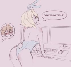 ass big_breasts blonde_hair blush boobs breasts bunny_costume bunny_suit bunnysuit childe_(genshin_impact) female female_focus genshin_impact lumine_(genshin_impact) seraphimgel suggestive suggestive_look suggestive_pose tartaglia_(genshin_impact)