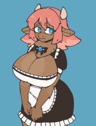 1girls animal_ears animal_horns big_breasts blue_eyes breasts cleavage ethossketches furry horns huge_breasts maid maid_uniform pink_hair shy