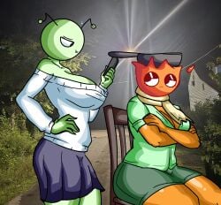 2girls alien alien_girl antennae bald bald_female big_breasts blue_eyes breasts chetoh cleavage clothed clothed_female female female_focus female_only fire fire_head frying_pan green_body hand_on_hip holding_pan marsha_(chetoh) martian miniskirt mollie_(chetoh) oc orange_body original original_character original_characters pants photo_background scarf scarf_around_neck shirt sitting smile smiling tongue tongue_out