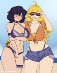 2girls beach black_hair black_hair_female blake_belladonna blonde_female blonde_hair canon_couple eyes half-dressed half_naked half_naked_female long_hair long_hair_female morbite ocean robotic_arm rwby sunglasses yang_xiao_long yellow yuri