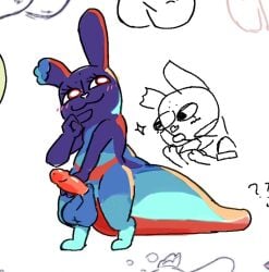 :3 balls big_tail blue_fur blush blushing cock colored_sketch colorful digitigrade drawpile edited enot_(rain_world) erection hand_on_chin huge_balls huge_tail inv_(rain_world) long_ears looking_away nochturnal rain_world red_eyes sketch slugcat smug smug_face thick_tail