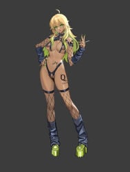 1girl absurdres ahoge alternate_costume arm_tattoo arm_warmers belt bimbofication blacked_female blonde_hair body_writing breasts censored collar commentary_request crotchless crotchless_panties eyeshadow fingernails fishnet_thighhighs fishnets full_body gradient_hair green_eyes green_eyeshadow green_hair green_nails green_shorts grey_background gyaru heart heart_censor high_heels highleg highleg_panties highres holding hoshii_miki idolmaster large_breasts large_variant_set leg_tattoo leg_warmers long_fingernails looking_at_viewer makeup multicolored_hair nail_polish navel nipples open_mouth paid_reward_available panties platform_shoes queen_of_spades_symbol race_fetishism race_fetishism_symbol revealing_clothes shen_hai_ichigo shoes shorts sidelocks simple_background smoking solo spade_(shape) spade_tattoo spiked_collar spikes tan tattoo thighhighs transparent_censoring underwear variant_set white_belt