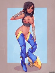 5-ish areolae bandage black_hair bottomless braids breasts breasts_out brown_eyes dark-skinned_female dark_skin eyebrows_visible_through_hair facial_mark female fiveish gradient_background navel nipples overwatch parted_lips pharah pussy short_hair solo torn_clothes