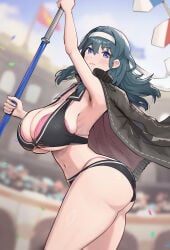 1girls abs big_ass big_breasts bikini blue_eyes blue_hair byleth_(fire_emblem) byleth_(fire_emblem)_(female) cleavage fire_emblem gonzarez huge_breasts mature_female sideboob spear staff tagme thick_thighs thin_waist weapon