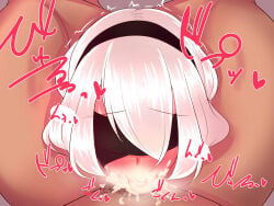 1boy 1girls blowjob blush cum cum_in_mouth ebon face_fucking fellatio female male nier nier:_automata oral white_hair yorha_2b