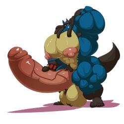 anthro armpit_hair armpits balls bara barazoku bobert boner erection furry hand_behind_head hyper hyper_balls hyper_penis lucario male male_only muscles muscular nintendo nude penis pokemon solo solo_male
