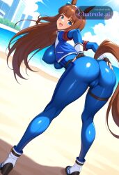 1990s 1girl ai_assisted ai_generated back_view beach big_breasts blue_bodysuit bodysuit bouncing_breasts building camel_toe cropped_jacket curvy dutch_angle dynamic_angle erect_nipples fingerless_gloves full_body gloves grabbing_butt happy hip_focus horse_ears horse_tail jacket looking_at_viewer looking_back looking_behind motion_lines open_mouth shiny_skin smile spanking_butt standing toned_body underbutt very_long_hair wide_hip