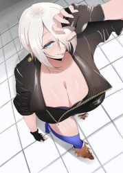 1girls angel_(kof) big_breasts blue_eyes gaccocha huge_breasts king_of_fighters light-skinned_female light_skin looking_at_viewer pale-skinned_female pale_skin short_hair standing thick white_hair