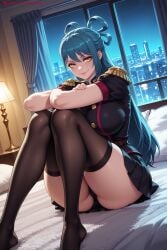 1girl ai_generated ass azuma_himari bangs bed bed_sheet black_legwear black_panties black_skirt blue_hair blush breasts buttons crossed_arms curtains epaulettes gloves hair_bun hair_ribbon hi_res high_quality high_resolution indoors kiraamane knees_up large_breasts long_hair looking_at_viewer mato_seihei_no_slave military military_uniform miniskirt no_shoes on_bed panties pantyshot patreon pleated_skirt ribbon seductive sexy sitting skirt smile solo sword thighhighs thighs uncensored underwear uniform watermark window yellow_eyes