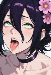 ahegao ai_assisted ai_generated chainsaw_man drool drooling flower green_eyes reze_(chainsaw_man) tongue_out