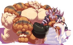 anthro arcanine balls bara barazoku bobert boner cum erection handjob houndoom hyper hyper_balls hyper_penis male male_only mega_evolution mega_houndoom muscles muscular nintendo nude orgasm penis pokemon size_difference