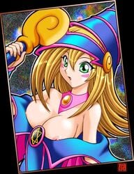 areolae blonde_hair breasts card card_(medium) cart dark_magician_girl duel_monster green_eyes large_breasts magician nipple_slip nipples pentacle toushi_ryoku wardrobe_malfunction yu-gi-oh! yuu-gi-ou yuu-gi-ou_duel_monsters