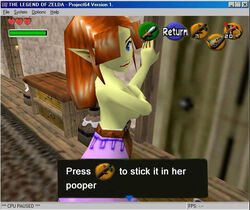 1girls blue_eyes clothing covering_breasts cremia english_text game_mod hair_over_one_eye low_poly lowpoly majora's_mask malon nintendo no_bra nude_mod red_hair skirt straight_hair the_legend_of_zelda topless video_game