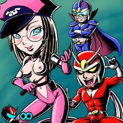 1girls 2boys blush breasts capcom capitan_blue_(viewtiful_joe) glasses lowres sexy_silvia silvia_(viewtiful_joe) topless viewtiful_joe viewtiful_joe_(character) whip