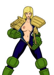 1girls 2000_ad blonde blonde_hair blonde_pubic_hair blue_eyes breasts calibos cassandra_anderson female female_focus female_only first_porn_of_franchise judge_anderson judge_dredd_(franchise) looking_at_viewer nipples pubic_hair white_background zipper_pull_tab