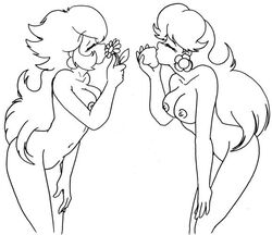 black_and_white breasts closed_eyes daisy_(flower) ear_piercing empty_(artist) female female_only flower fruit hair human kissing line_art long_hair mario_(series) monochrome multiple_females nintendo nipples nude peach_(fruit) piercing princess_daisy princess_peach side_view straight_hair white_background