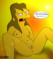 1girls anus breasts brown_hair color english_text female female_only front_view human itomic laura_powers lens_flare long_hair navel nipples nude pussy sitting small_areolae small_breasts small_nipples solo speech_bubble tagme the_simpsons uncensored vulva