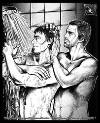 2boys actor artist_request caucasian caucasian_male celebrity gay gregory_house house_(series) hugh_laurie in_character james_wilson male male_only muscles muscular muscular_male robert_sean_leonard rubbing scrubbing shampoo shower showering soap soap_bubbles water yaoi