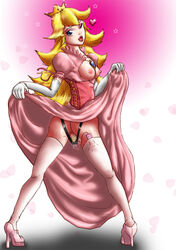 ass back_view breasts breasts_out color dildo dress_lift female female_only human insertion lifted_by_self looking_back mario_(series) masturbation mlad nintendo nipples princess_peach solo standing straight_hair tagme vulva wink