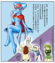 4girls anthro blonde_hair blue_skin breasts clothing dress earrings female female_only fin fish_girl green_hair japanese_text kokiri light_skin long_hair malon multi_eye multiple_girls nintendo nipples ocarina_of_time pink_eyes pink_hair pointy_ears princess_ruto_(young) princess_zelda red_hair saria short_hair small_breasts smooth_skin text the_legend_of_zelda translation_request yorori young young_zelda zora