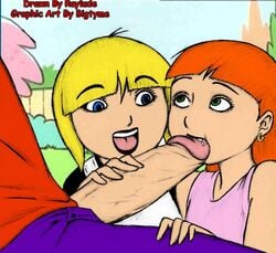 1boy 2girls bigtyme bk7socko black_lipstick blonde_hair blue_eyes cartoon_network ed_edd_n_eddy fellatio green_eyes nazz_van_bartonschmeer oral orange_hair raylude sarah_(ed_edd_n_eddy) straight_hair unseen_male_face