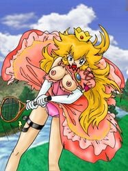 1girls angry arm_gloves blonde_hair blue_eyes breasts brooch crown dress empty_(artist) female female_only gloves human long_hair mario_(series) mario_tennis nintendo nipples open_mouth panties princess_peach solo straight_hair super_smash_bros. super_smash_bros._melee tennis_racket thigh_strap thighs topless torn_clothes torn_dress