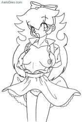 black_and_white breasts clothes empty_(artist) female female_only front_view human line_art looking_at_viewer mario_(series) monochrome nintendo nipples open_clothes open_eyes open_mouth princess_peach round_ears solo standing straight_hair vulva white_background