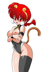 1girls breasts clothing cosplay female female_only kokera large_breasts medium_breasts nipples ranma-chan ranma_1/2 ranma_saotome red_eyes red_hair solo stockings tail