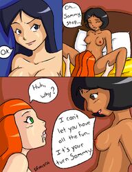 2006 3girls alex_(totally_spies) bed britney_(totally_spies) clothing comic cunnilingus dark-skinned_female dark_skin female female_only gforce human implied_cunnilingus implied_oral interracial multiple_females multiple_girls nude oral oral_sex sam_(totally_spies) straight_hair totally_spies