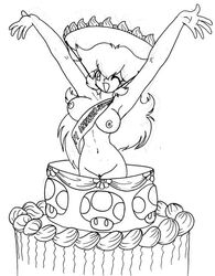 alternate_breast_size breasts cake empty_(artist) female female_only front_view happy_birthday human mario_(series) monochrome nintendo nipples nude princess_peach solo straight_hair super_mario_bros. tagme vulva wink