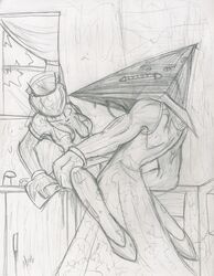 1boy 1girls 2d ambiguous_penetration breasts bubble_head_nurse clothed clothing female female_penetrated konami male male_penetrating monochrome nurse_(silent_hill) pyramid_head rape sex silent_hill silent_hill_2 sketch straight tagme