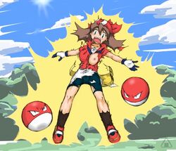 1girls bandana brown_hair electricity electrocution electrostimulation female human human_only may_(pokemon) nintendo one_breast_out pokemon pokemon_rse red_bandana straight_hair tagme torn_clothes torn_clothing voltorb